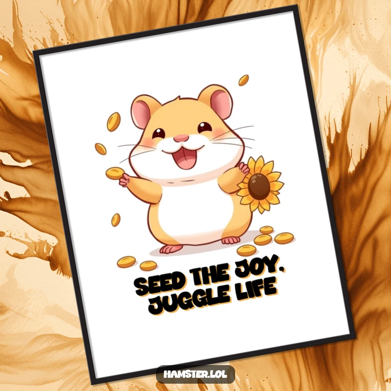 Funny Free Printable Wall Art: A grinning hamster skillfully juggling a pile of sunflower seeds, adding personality to your space.