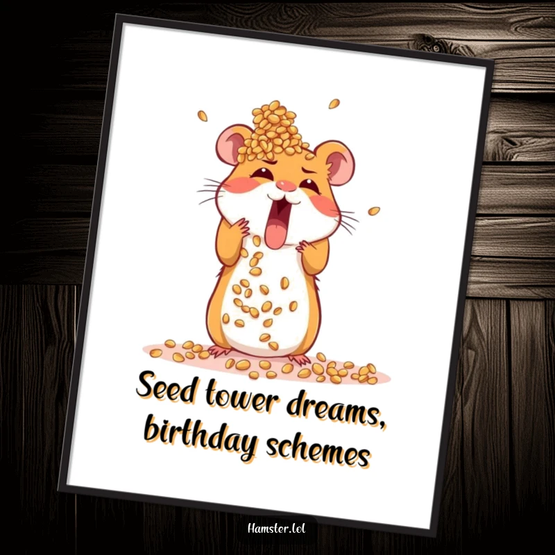 Funny Free Printable Wall Art: An excited hamster meticulously building a precarious tower made of seeds.