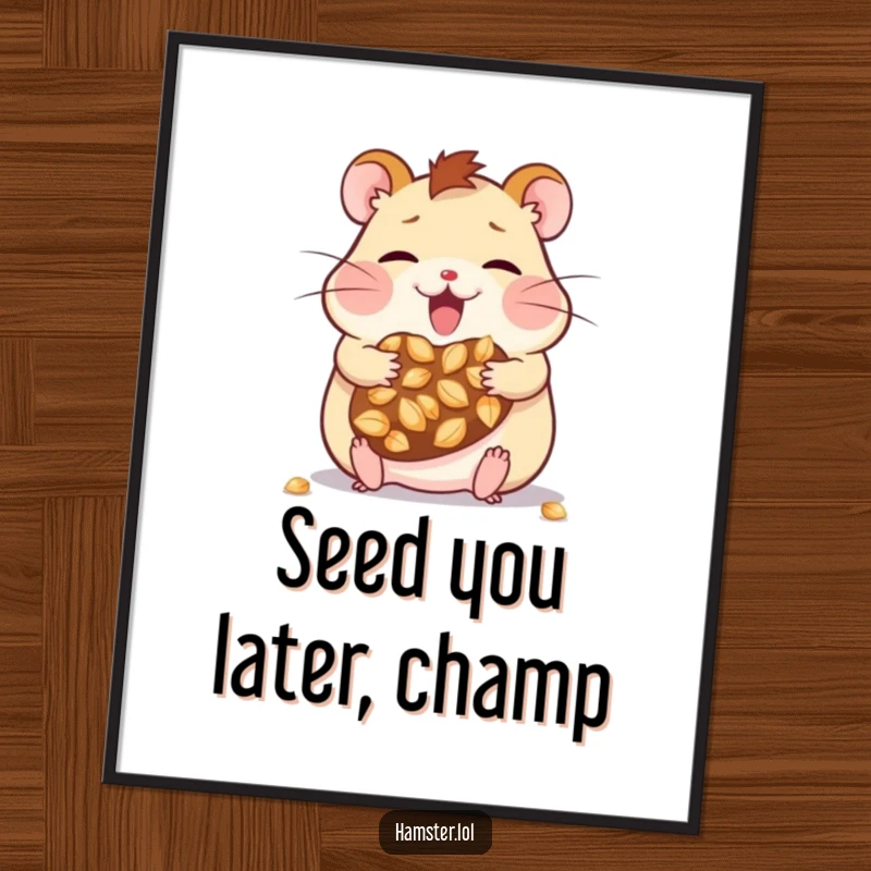 Funny Free Printable Wall Art: Kawaii hamster enthusiastically stuffing its cheeks with giant seeds, a humorous and cute piece for any room.