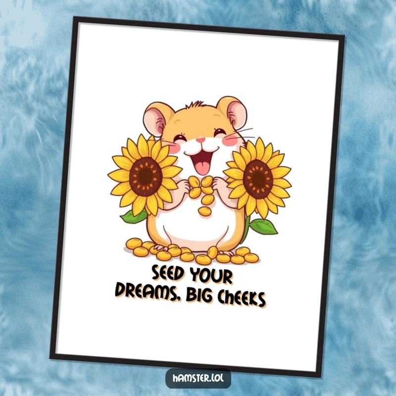 Cute free printable wall art of a hamster enthusiastically stuffing its cheeks to capacity with giant sunflower seeds.