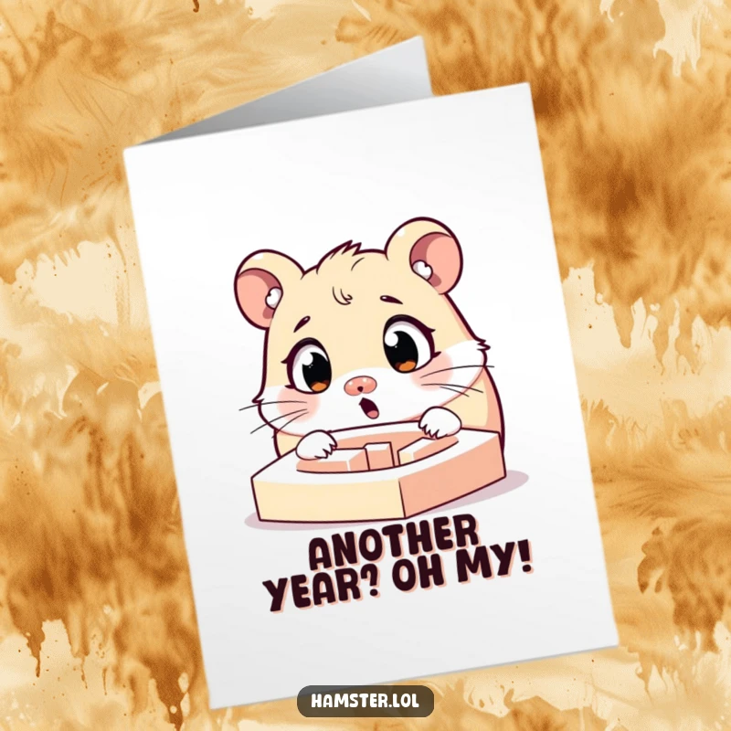 Funny Free Printable Happy Birthday Card: A surprised hamster character with widened eyes staring intently at a tiny, perplexing maze.
