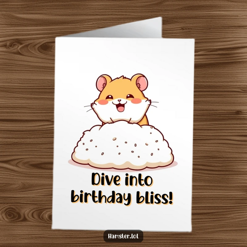 Funny Free Printable Birthday Card: happy hamster performing a dramatic dive into a pile of bedding, a humorous celebration.