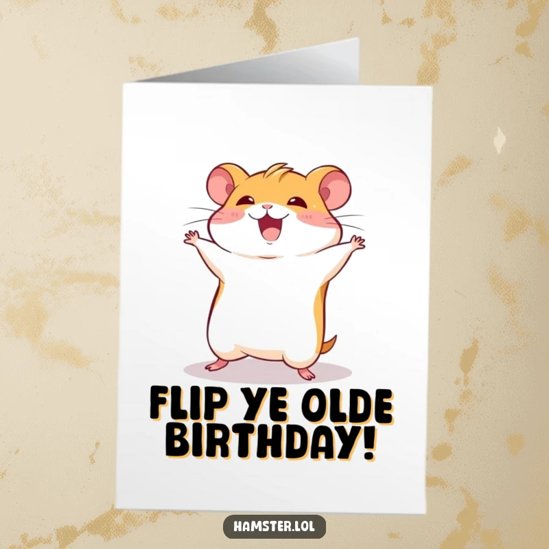 Funny Free Printable Birthday Card: A cute hamster doing a joyful somersault, celebrating your birthday with a playful tumble.