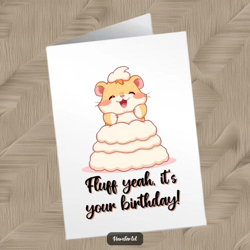 Funny Free Printable Birthday Card featuring a cheerful hamster enthusiastically stacking a massive tower of soft bedding fluff.