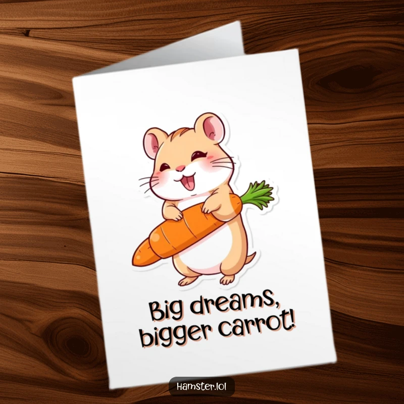 Funny Free Printable Birthday Card: delighted hamster balancing a carrot much larger than itself, a humorous celebration.