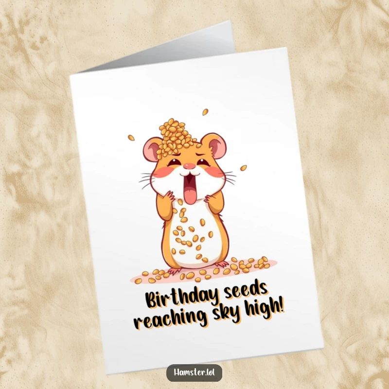 Funny Free Printable Birthday Card: Excited hamster focused on building a very tall tower of seeds.