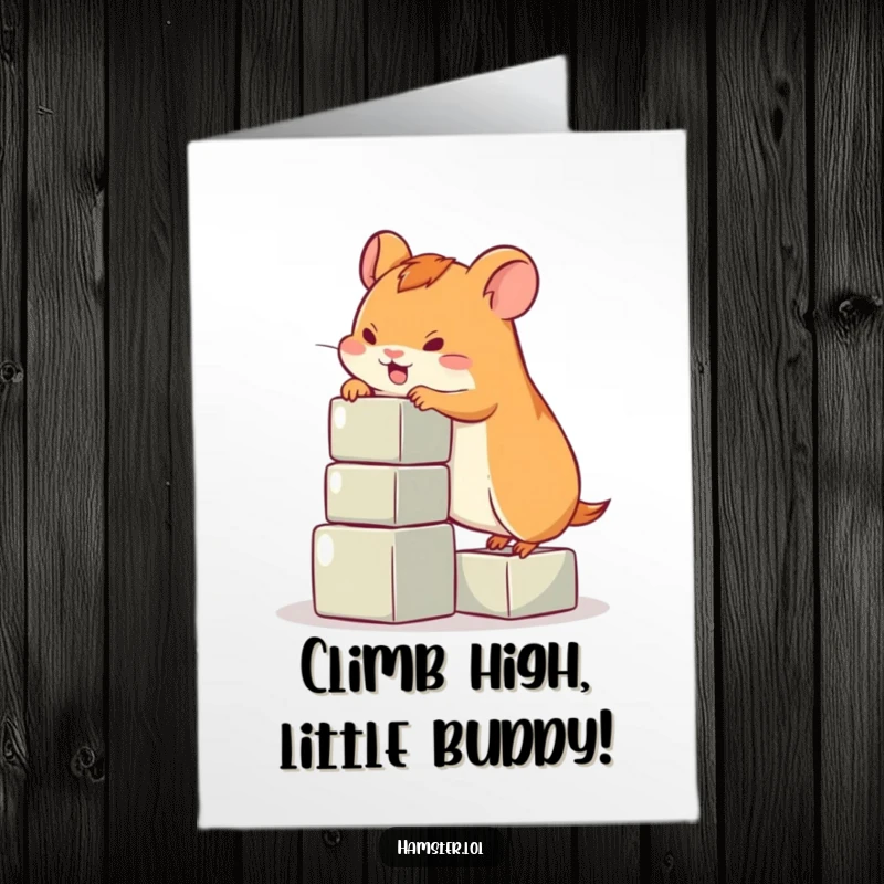 Funny Free Printable Birthday Card: Playful hamster heroically climbing blocks, celebrating a DIY gift.