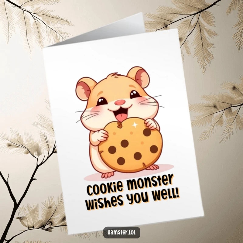Funny free printable birthday card showing a hamster gleefully eating a huge cookie piece, perfect for a foodie friend.