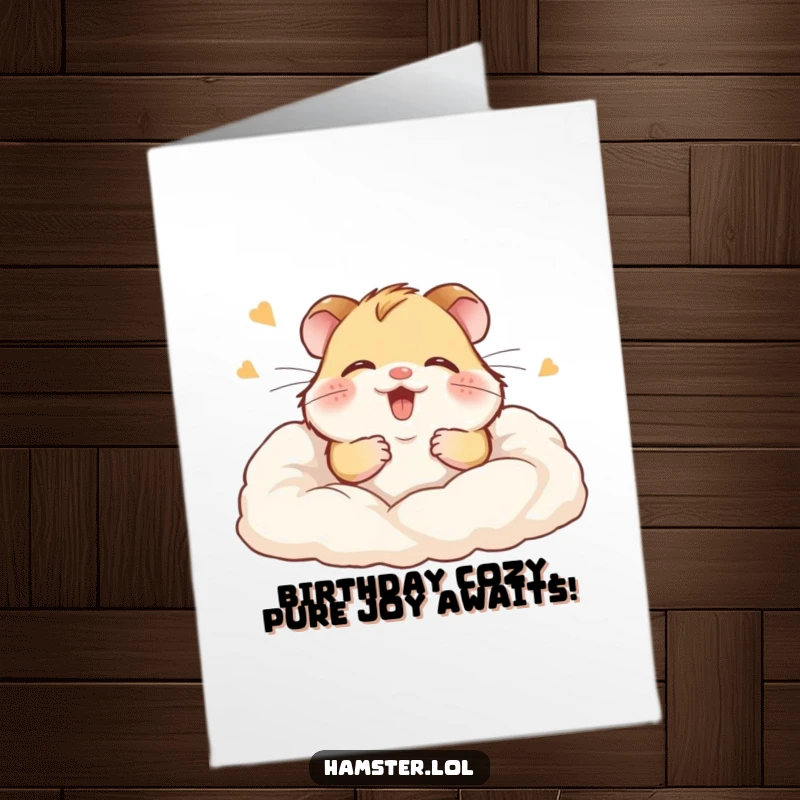 Funny Free Printable Birthday Card: Hamster giggling with joy while burrowing deep into soft bedding.