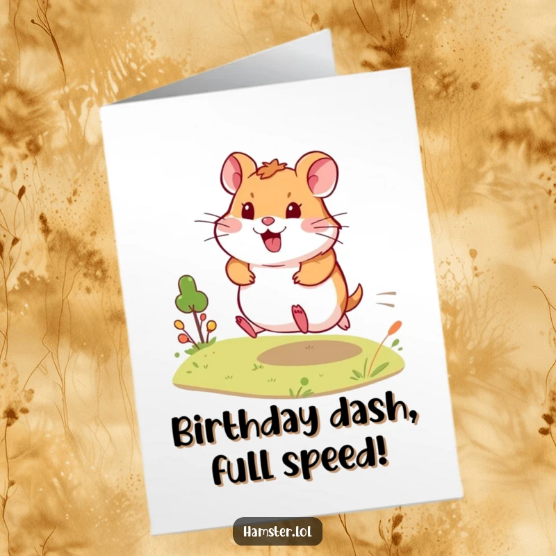 Funny Free Printable Birthday Card: Energetic hamster dashes happily across a tiny landscape, celebrating a birthday with speed.