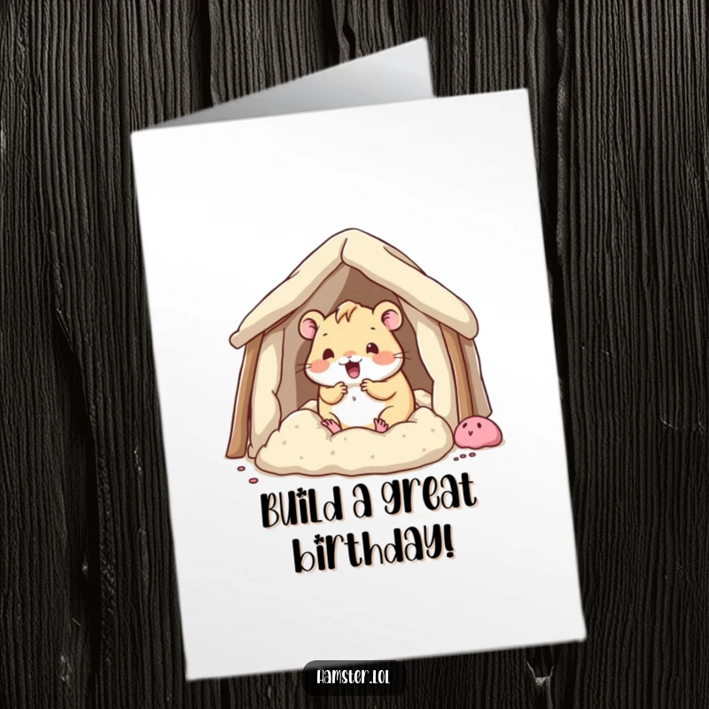 Funny Free Printable Birthday Card: Kawaii hamster enthusiastically building a bedding fort, a sweet and cozy birthday wish.