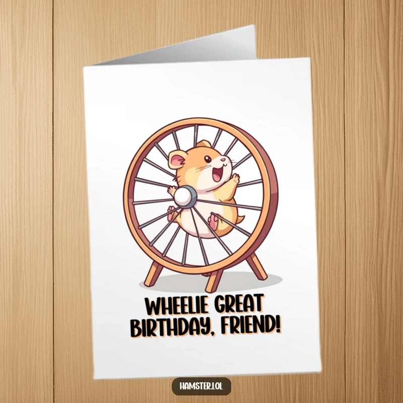 Funny Free Printable Birthday Card: Hamster gleefully zooming in an oversized wheel, capturing pure birthday joy, a downloadable delight.