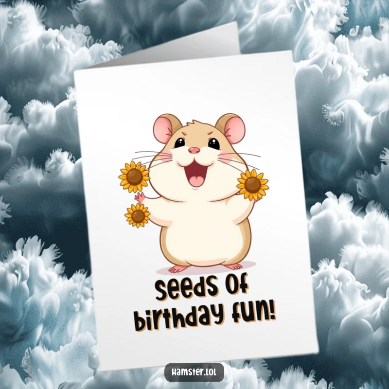 Funny Free Printable Birthday Card: Joyful hamster expertly juggles tiny sunflower seeds, celebrating a happy birthday with flair.