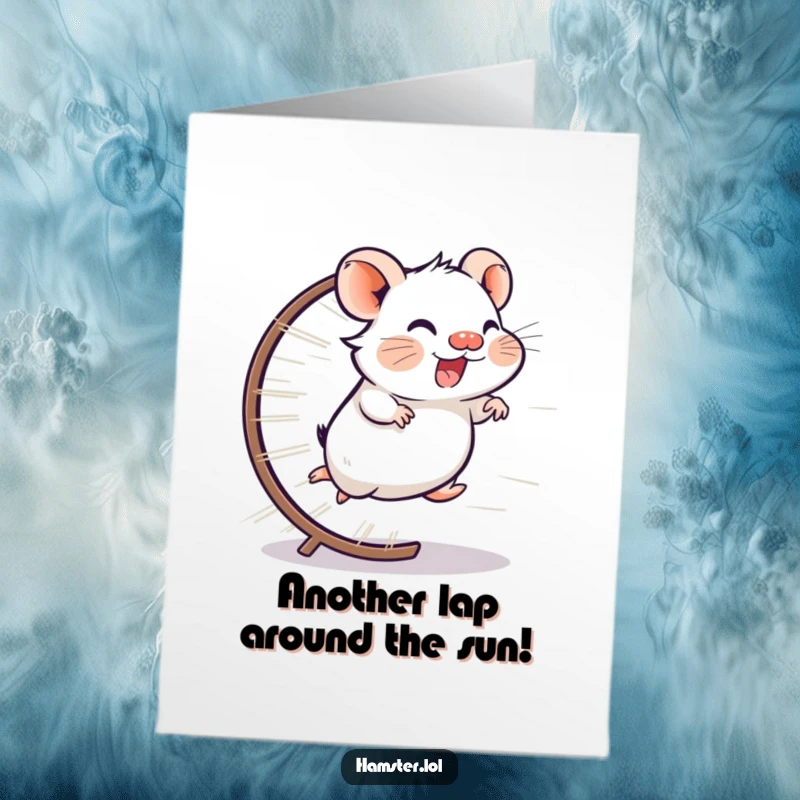 Funny Free Printable Birthday Card: giggling hamster running on a wheel at lightning speed, a humorous celebration.