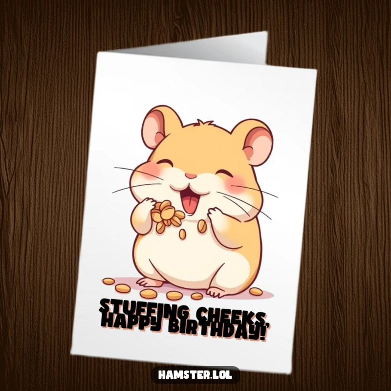 Funny Free Printable Birthday Card: Hamster character enthusiastically stuffing its cheeks full of seeds, adorable and funny.