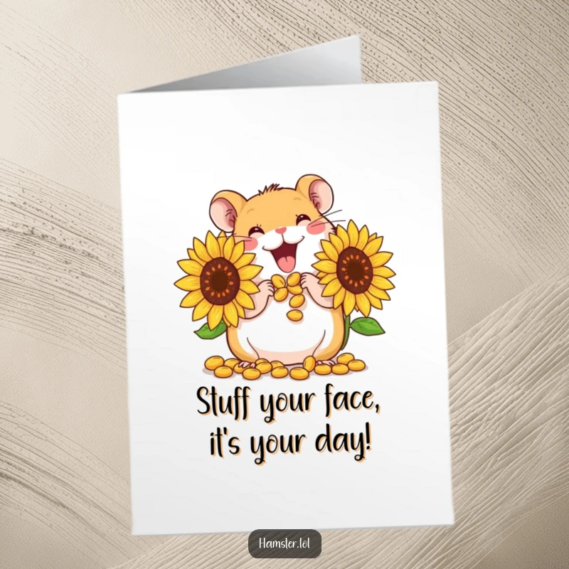Cute free printable birthday card with a hamster gleefully stuffing its cheeks full of giant sunflower seeds.