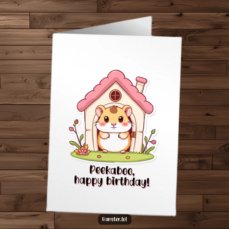 Curious free printable birthday card showing a cute hamster peeking out from a tiny, charming miniature house.