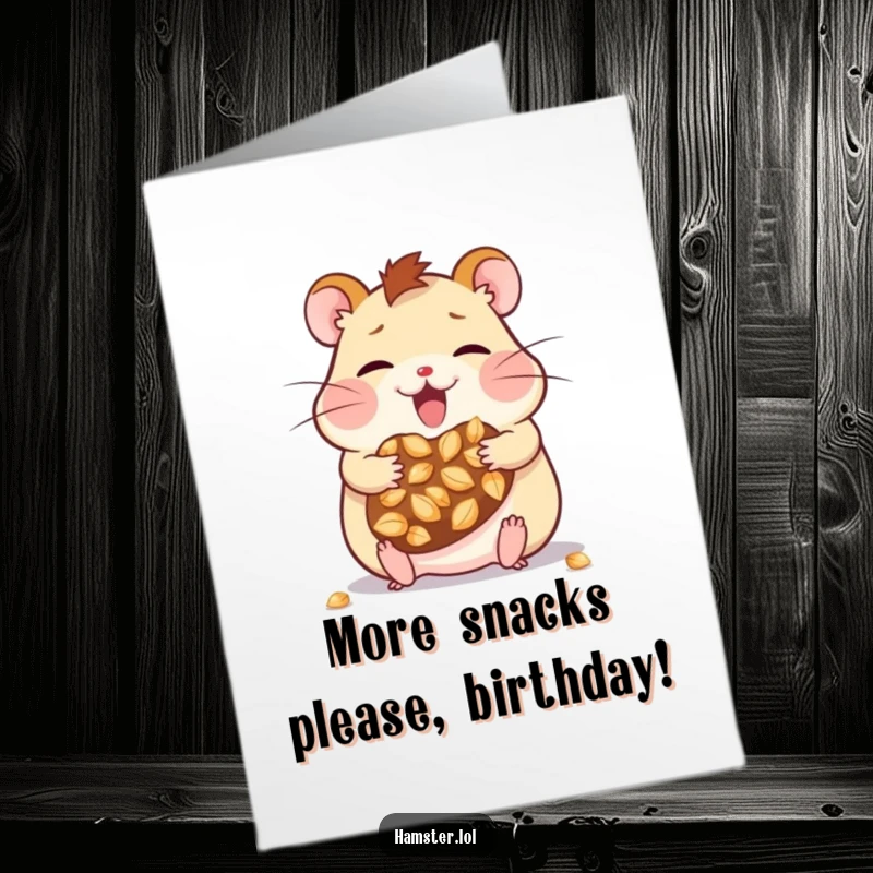 Funny Free Printable Birthday Card: Kawaii hamster gleefully stuffing its cheeks with oversized seeds, a delightful DIY greeting.