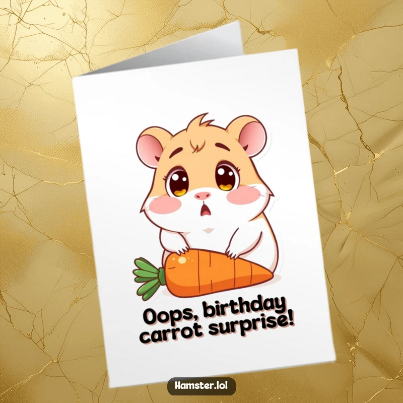 Funny Free Printable Birthday Card: Hamster with wide eyes, surprised, sits on a carrot, hilarious reaction.