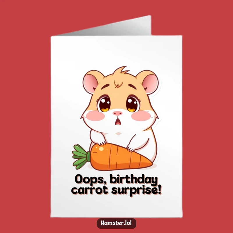 Free Printable Funny Birthday Card: Surprised Hamster Sitting on Carrot, Hilarious Downloadable Gift