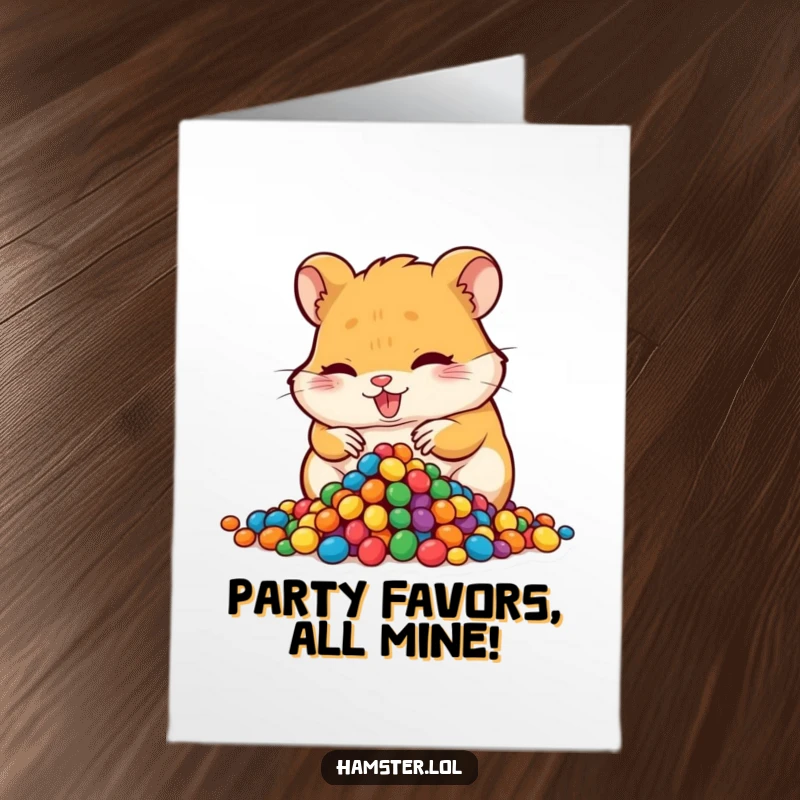Funny Free Printable Birthday Card: Mischievous hamster gleefully hoarding a pile of shiny beads.