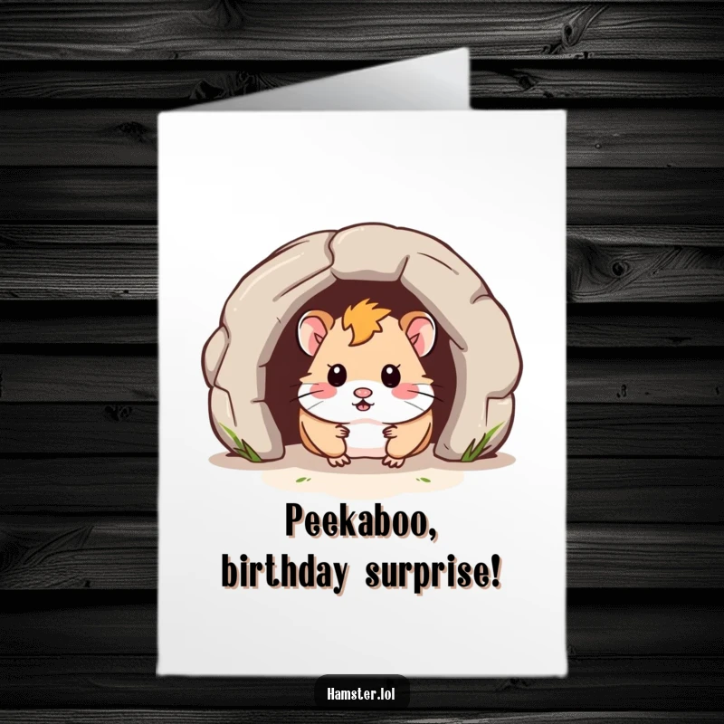 Funny Free Printable Birthday Card: A curious hamster's head emerges playfully from a small tunnel, inviting a birthday surprise.