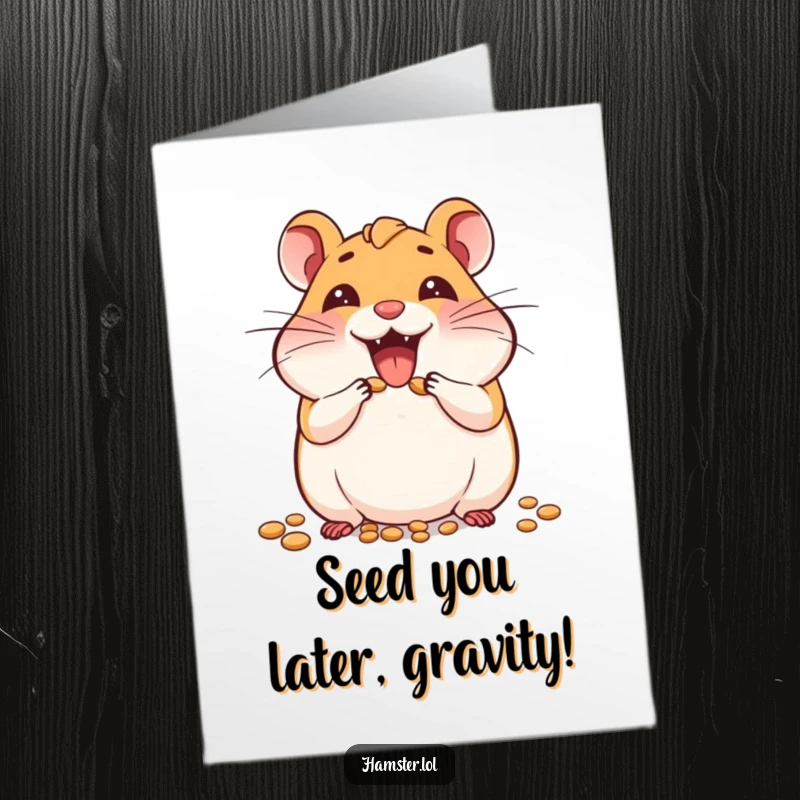 Funny Free Printable Birthday Card of a joyful hamster stuffing its cheeks with seeds, ready to celebrate.