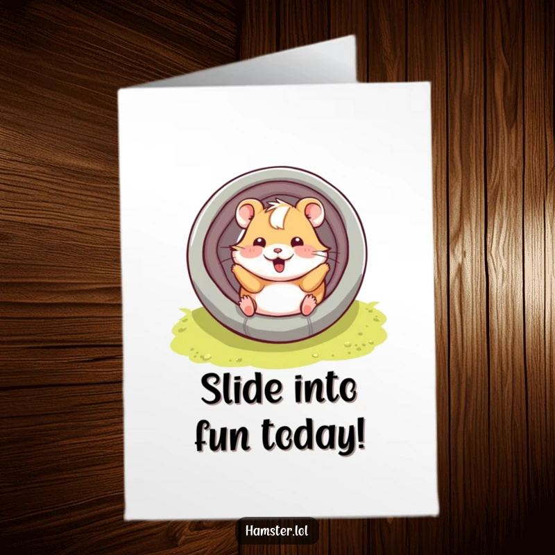Funny Free Printable Happy Birthday Card: A hamster character playfully sliding down a tube with a big, happy smile on its face.