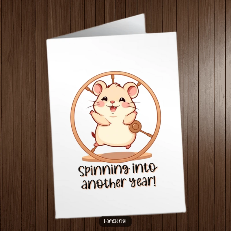 Funny Free Printable Happy Birthday Card: A hamster character enthusiastically running on a spinning wheel with pure glee and boundless energy.