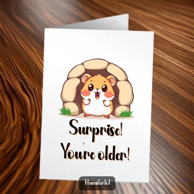 Funny Free Printable Birthday Card: Surprised hamster peeking out of a tiny tunnel, a humorous reveal.
