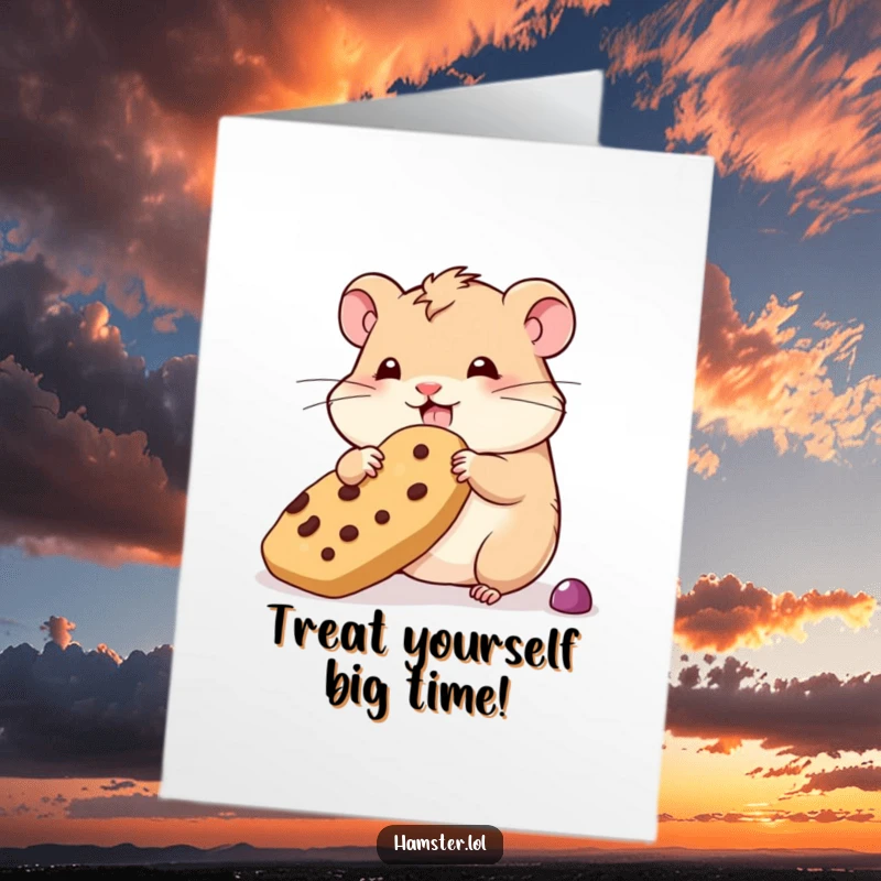 Funny Free Printable Birthday Card: Wobbly hamster attempting to hoard an unbelievably oversized treat.