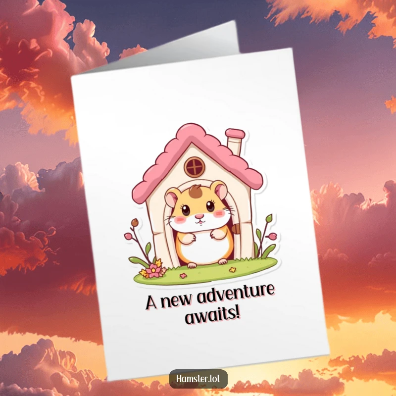 Cute free printable congratulations card featuring a curious hamster peeking out from the window of a miniature house.