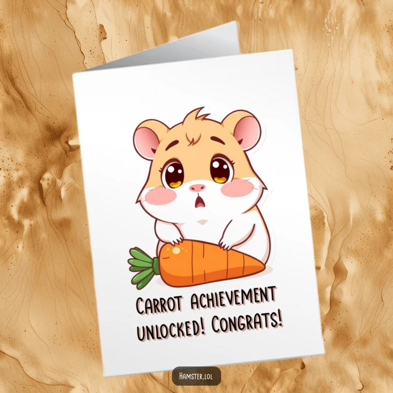 Free Printable Congratulations Card: Cute hamster wide-eyed, accidentally sitting on a carrot, funny moment.