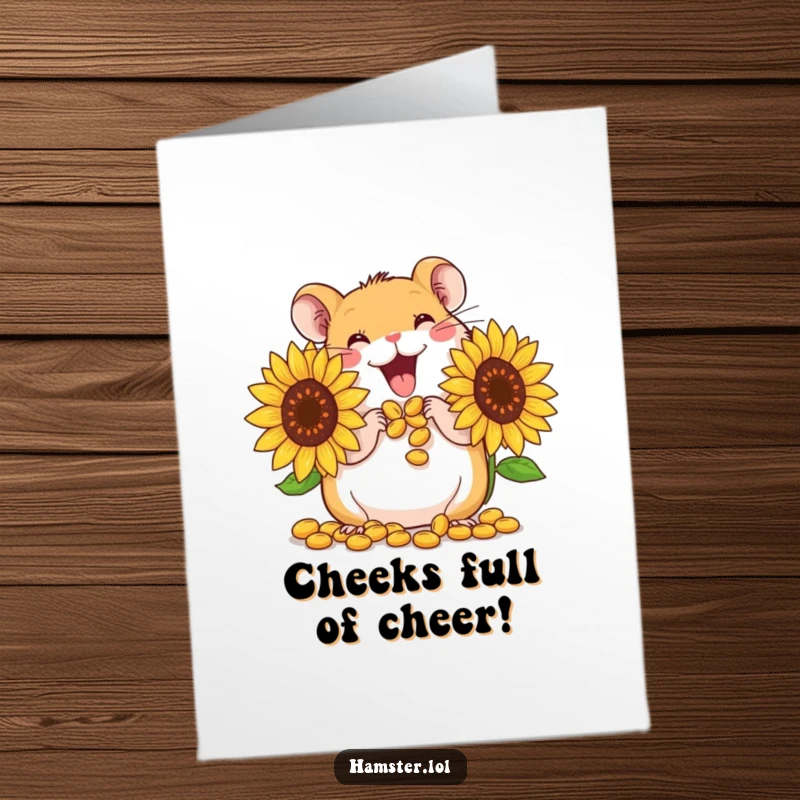 Cute free printable congratulations card featuring a hamster joyfully stuffing its cheeks with oversized sunflower seeds.
