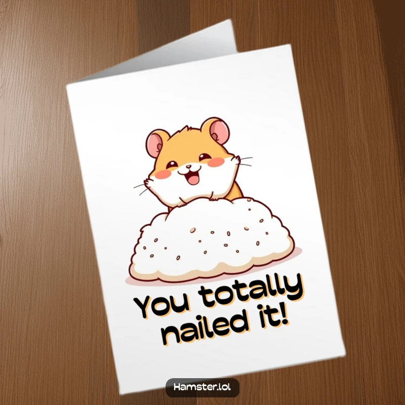 Funny Free Printable Congratulations Card: happy hamster performing a dramatic dive into a pile of bedding, celebrating success.