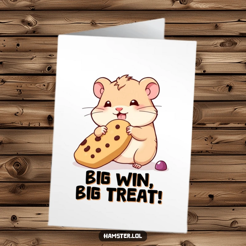 Funny Free Printable Congratulations Card: Wobbly hamster struggling to hoard an impressively oversized treat.
