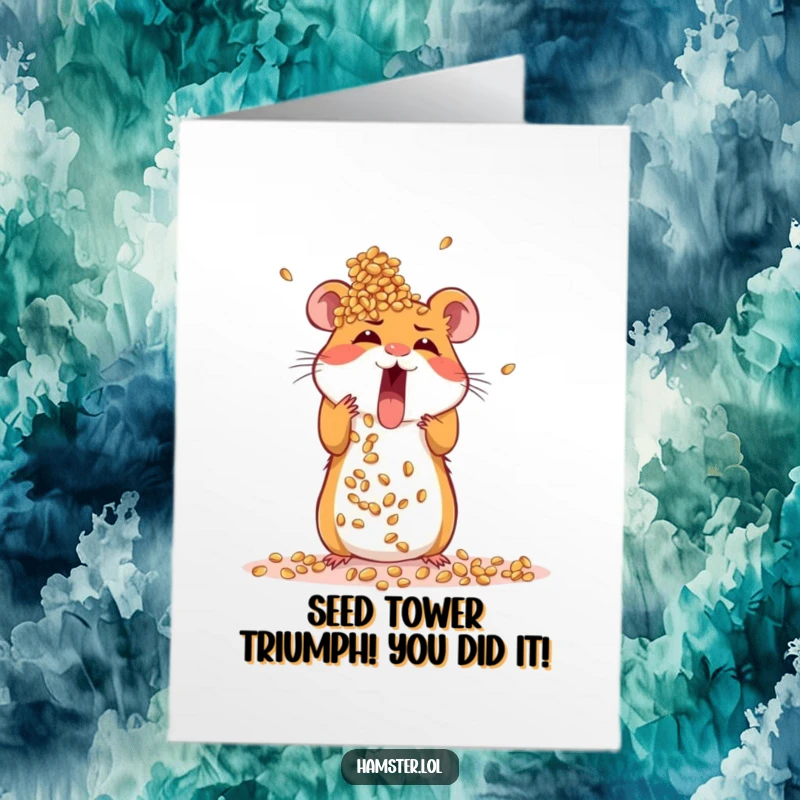 Free Printable Congratulations Card: An energetic hamster attempts to stack seeds into a large tower, determined.