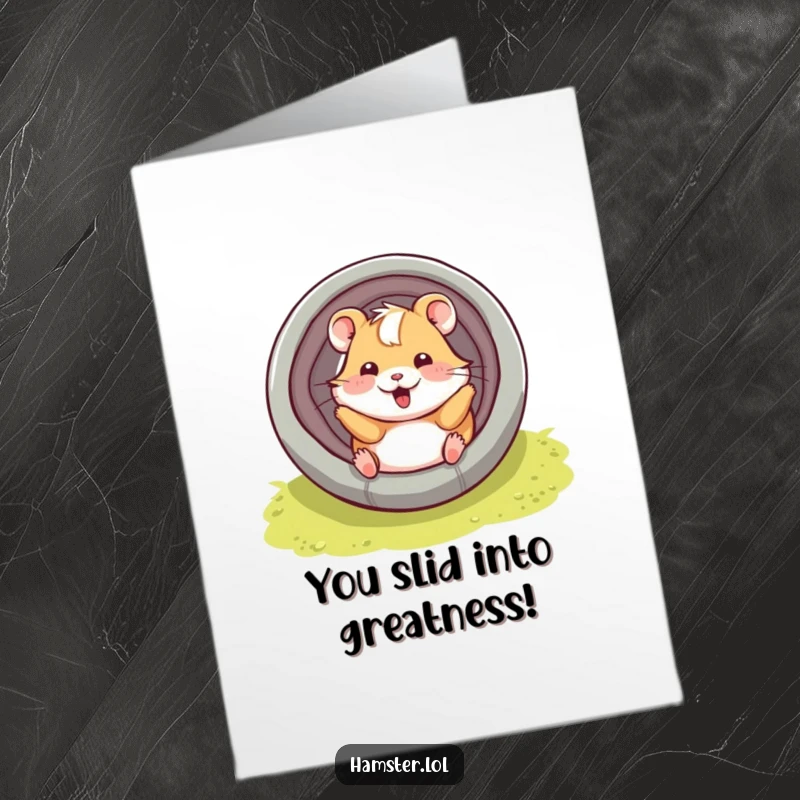 Funny Free Printable Congratulations Card: A hamster character playfully sliding down a tube with a smile, celebrating a successful endeavor.