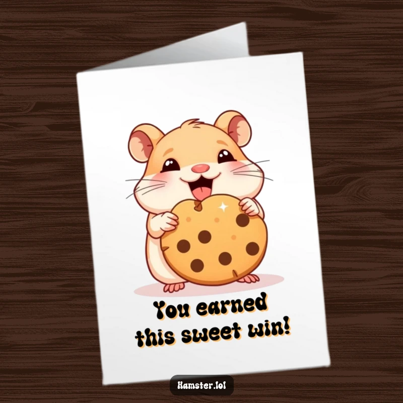 Funny free printable congratulations card with a hamster stuffing its face with a giant cookie chunk, celebrating success.
