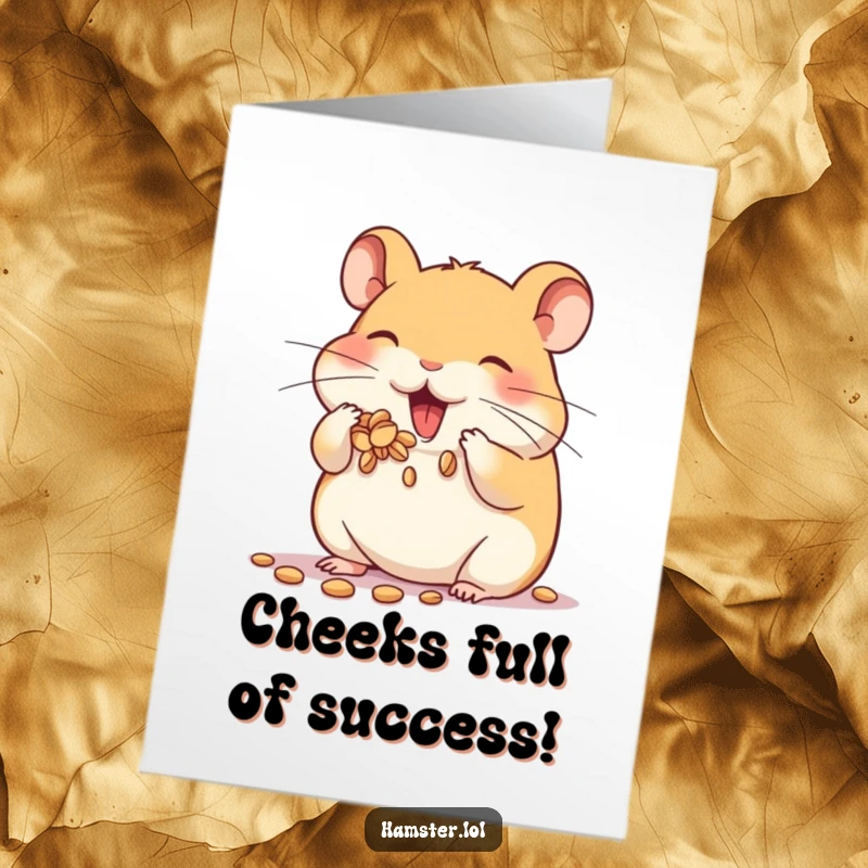 Funny Free Printable Congratulations Card: Hamster character enthusiastically stuffing its cheeks, a symbol of happy success.