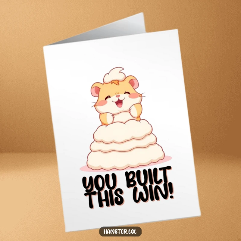 Funny Free Printable Congratulations Card showing a delighted hamster proudly presenting a tall, impressive tower of bedding.