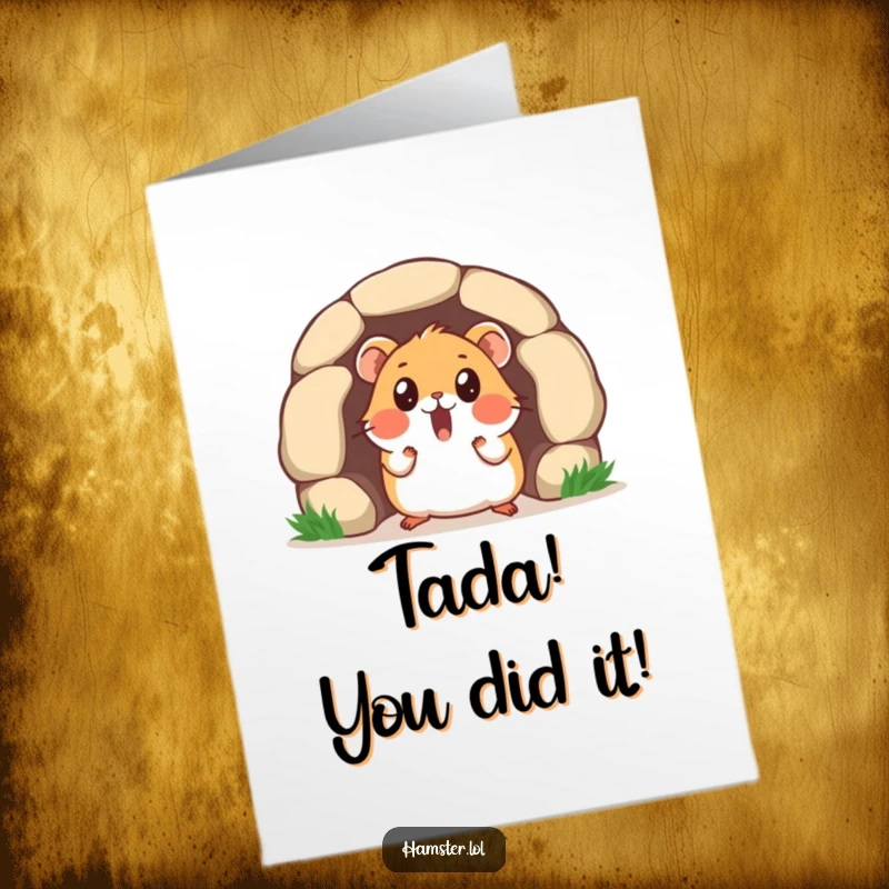 Funny Free Printable Congratulations Card: surprised hamster emerging from a tiny tunnel, a humorous celebration.
