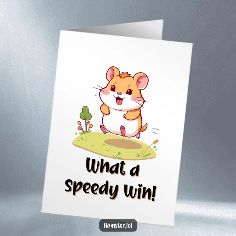 Funny Free Printable Congratulations Card: Energetic hamster dashes across a landscape, signifying a fast and successful achievement.