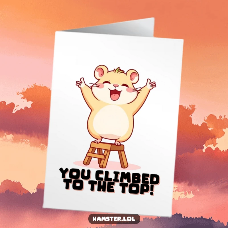 Joyful free printable congratulations card showing a happy hamster performing a victory dance on a small ladder.