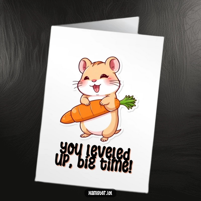 Funny Free Printable Congratulations Card: delighted hamster balancing a carrot much larger than itself, celebrating success.