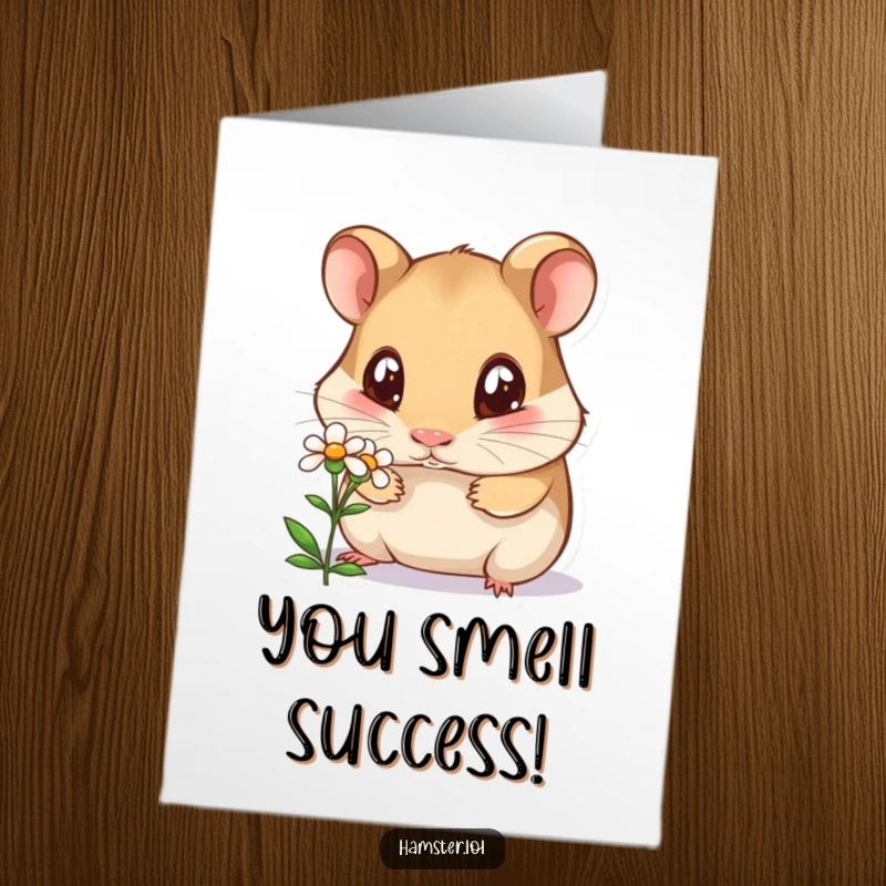 Funny Free Printable Congratulations Card: Curious hamster with big eyes sniffing a small, vibrant flower.