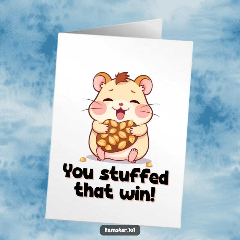 Funny Free Printable Congratulations Card: A kawaii hamster with impossibly full cheeks, celebrating your big win, a cute downloadable.