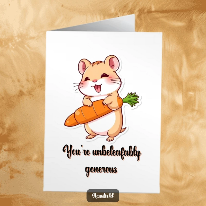 Funny Free Printable Thank You Card: delighted hamster balancing a carrot much larger than itself, expressing thanks humorously.