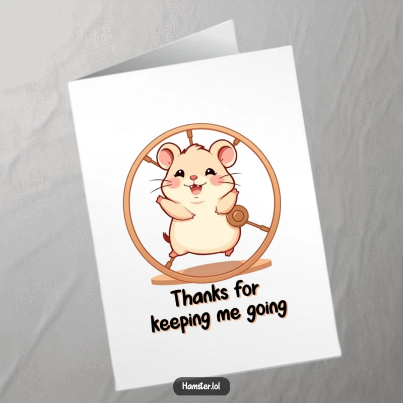 Funny Free Printable Thank You Card: A hamster character enthusiastically running on a spinning wheel with glee, conveying lively thanks.