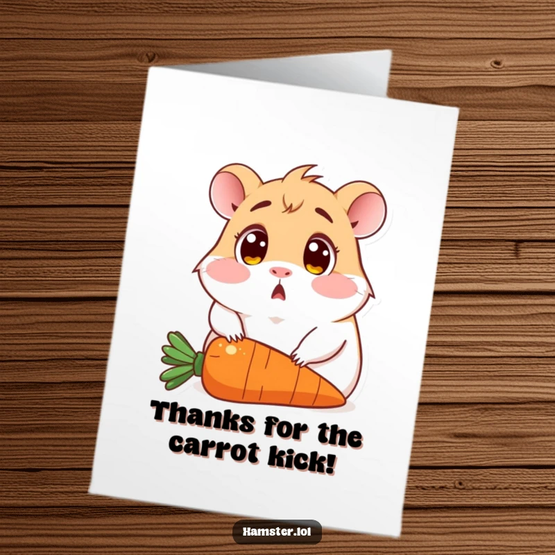 Funny Free Printable Thank You Card: Hamster sitting on a carrot, wide-eyed surprise, cute and humorous.